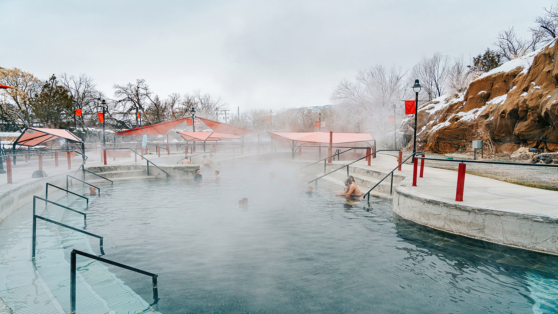 Visitors to the outdoor hot pool in Lava Hot Springs, Idaho
