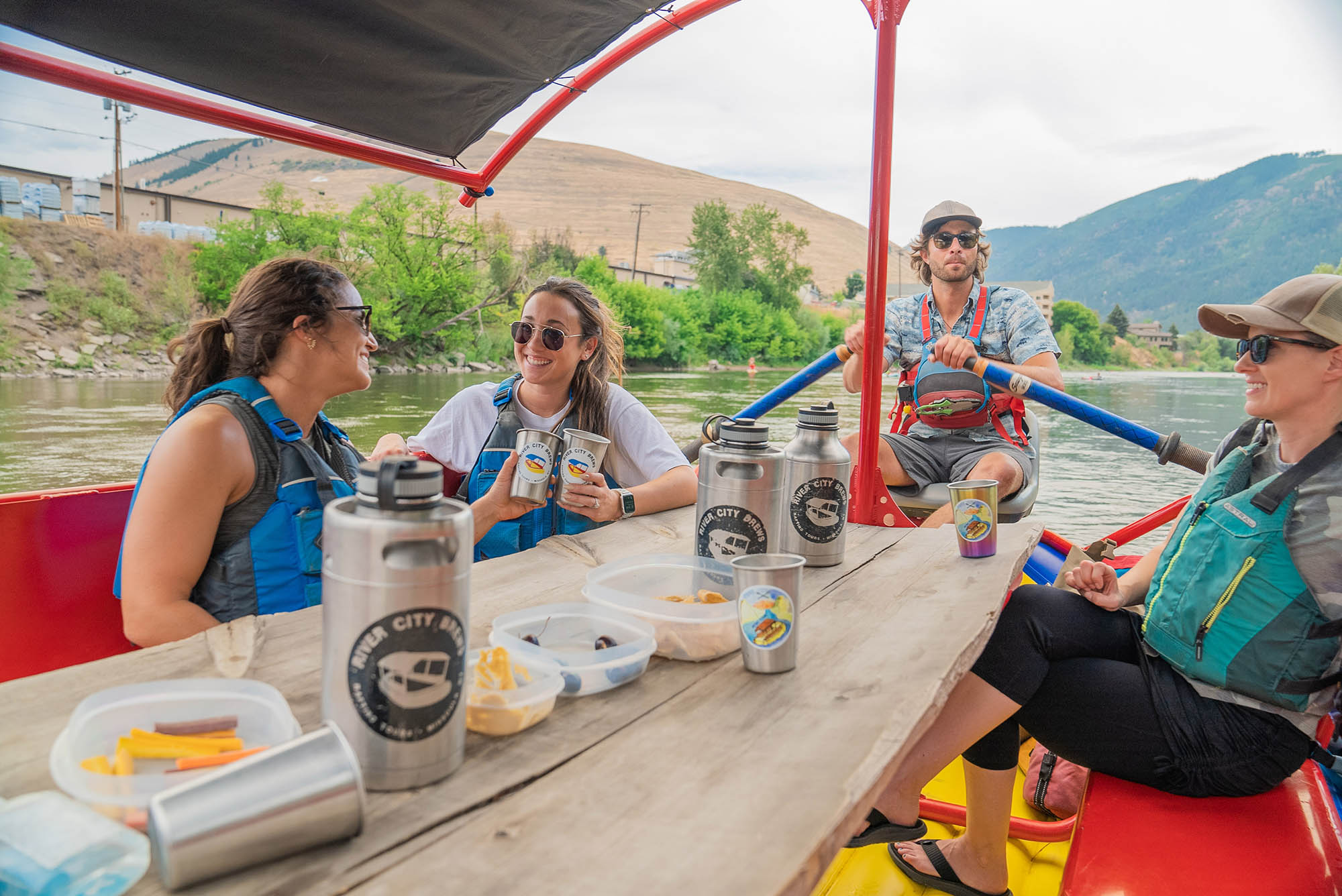 Enjoying a rafting tour with River City Brews in Glacier Country, Montana

