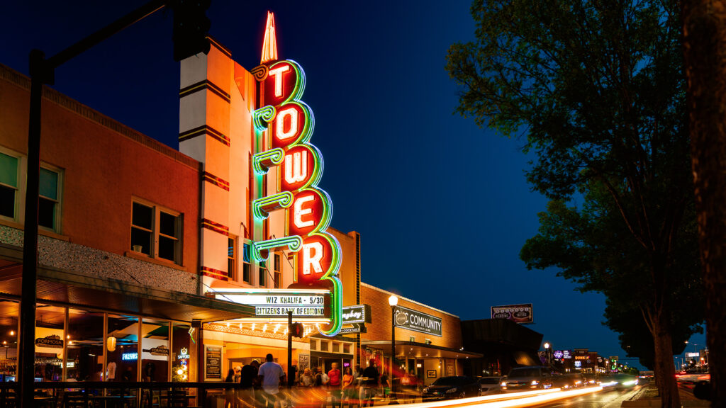 Evening view of the glowing marquee at the historic Tower Theatre in Oklahoma City, Oklahoma