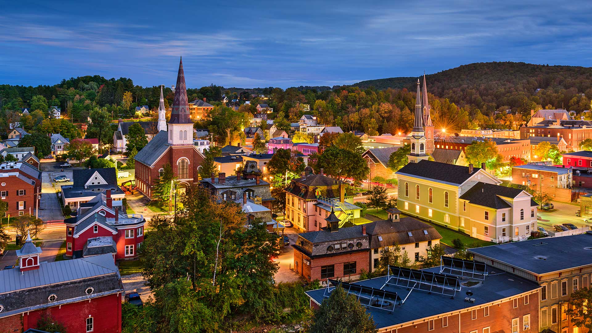 Aerial view of Montpelier, Vermont, at dusk