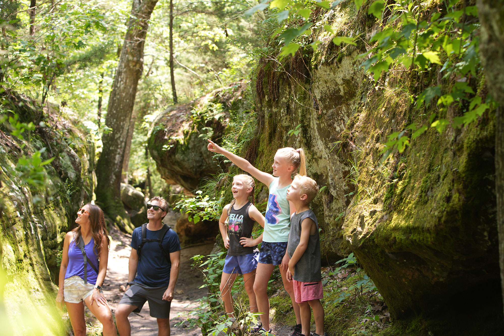 Family hiking in Hawn State Park near Ste. Geneviève, Missouri
