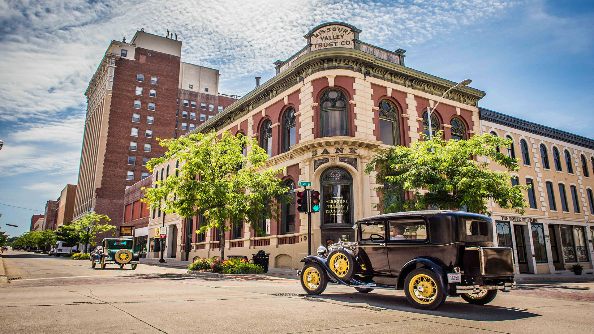 Historic buildings and cars in downtown St. Joseph, Missouri