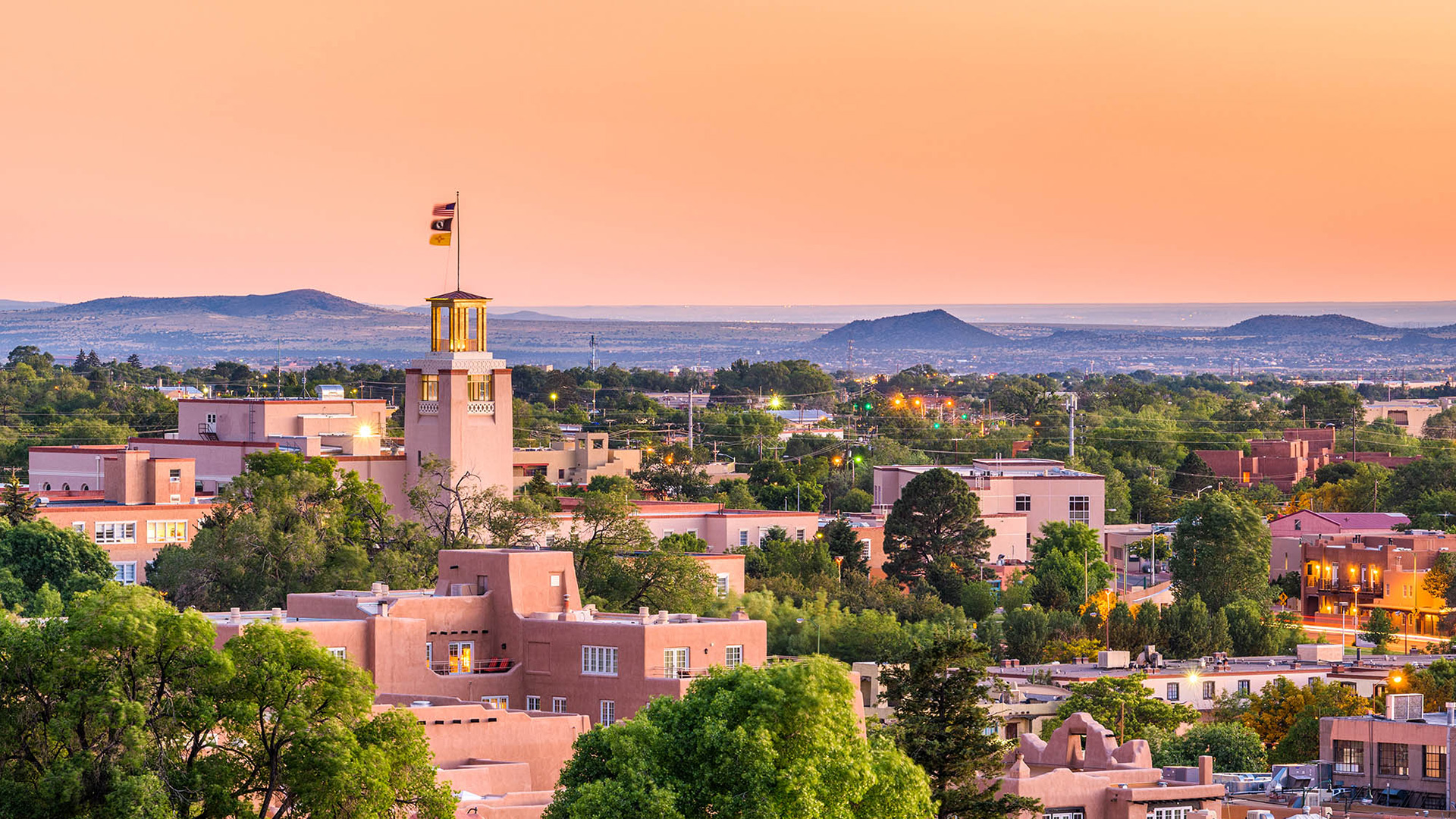 The downtown Santa Fe, New Mexico, skyline at dusk