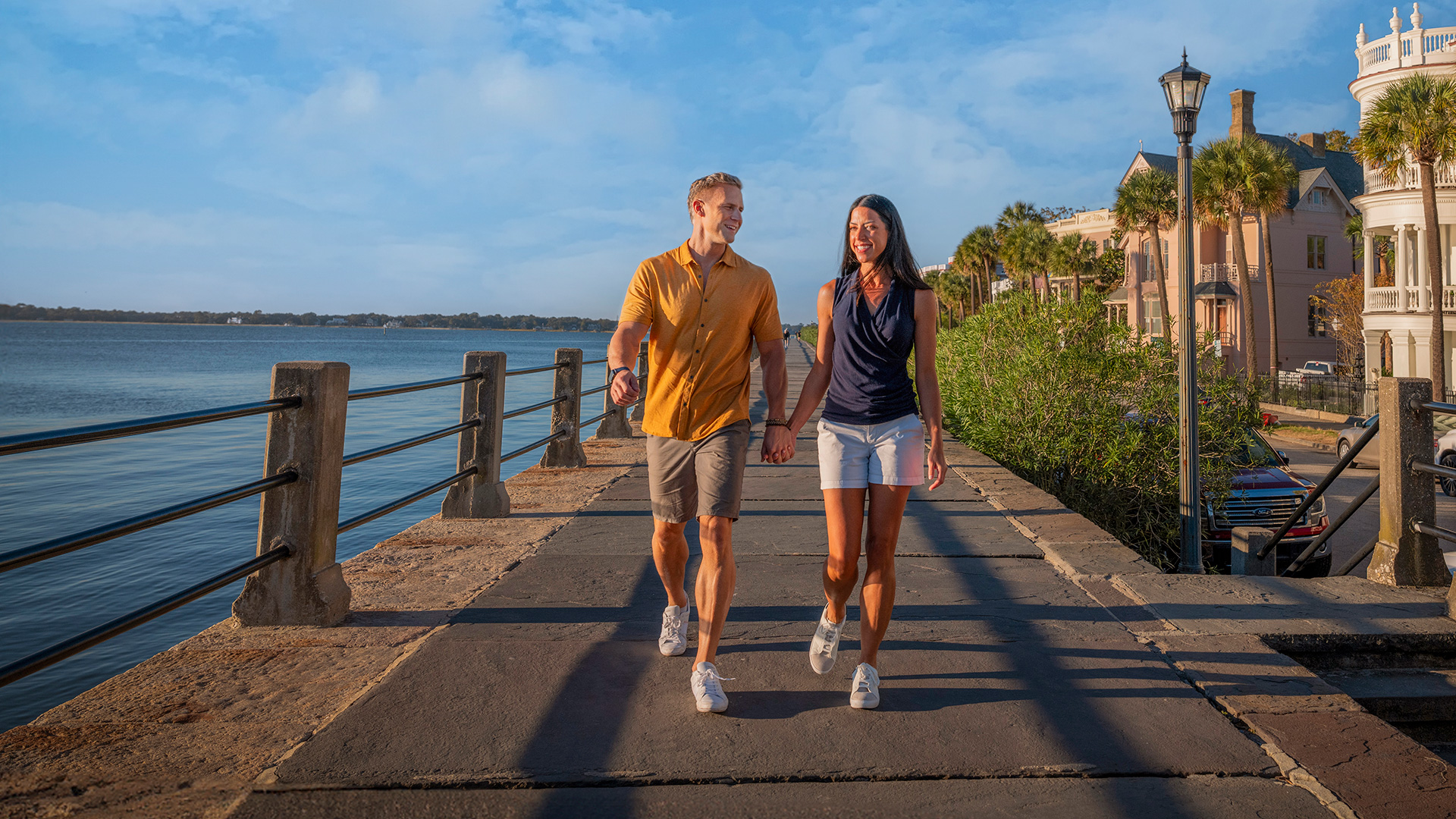 Couple walking on the waterfront in Charleston, South Carolina