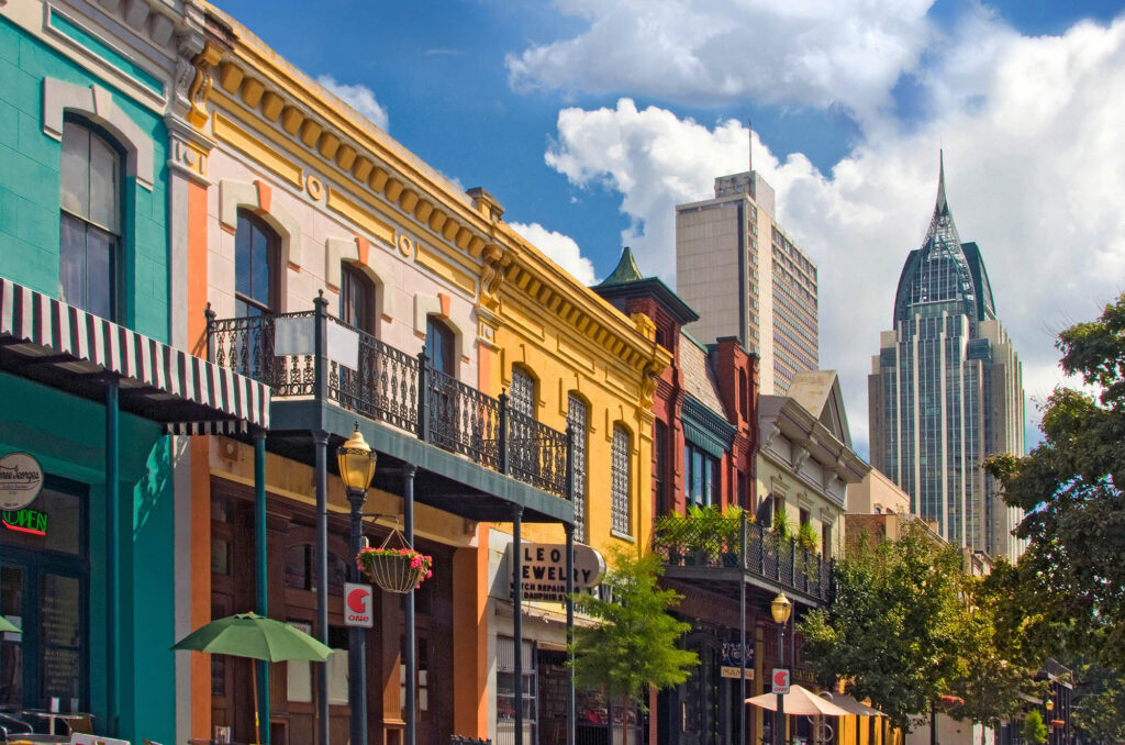 Colorful buildings on Dauphin Street in Mobile, Alabama