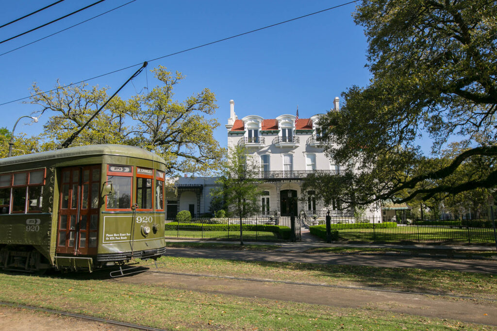 A trolley travels through New Orleans, Louisiana