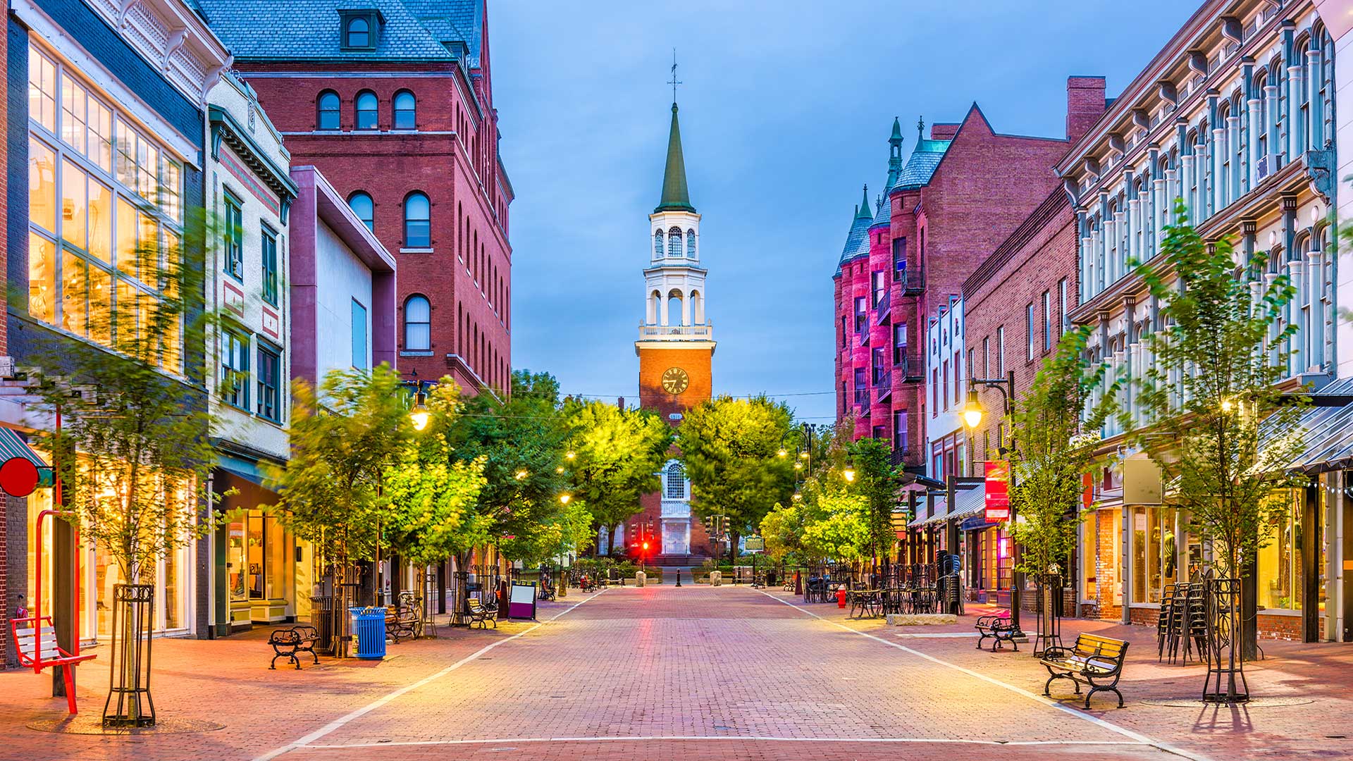 Evening on Church Street Marketplace in Burlington, Vermont