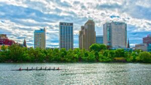 Waterfront view of the Newark, New Jersey, skyline; Credit: Harry Prott