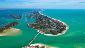 Bird’s-eye view of the turquoise waters of Longboat Key in Bradenton, Florida