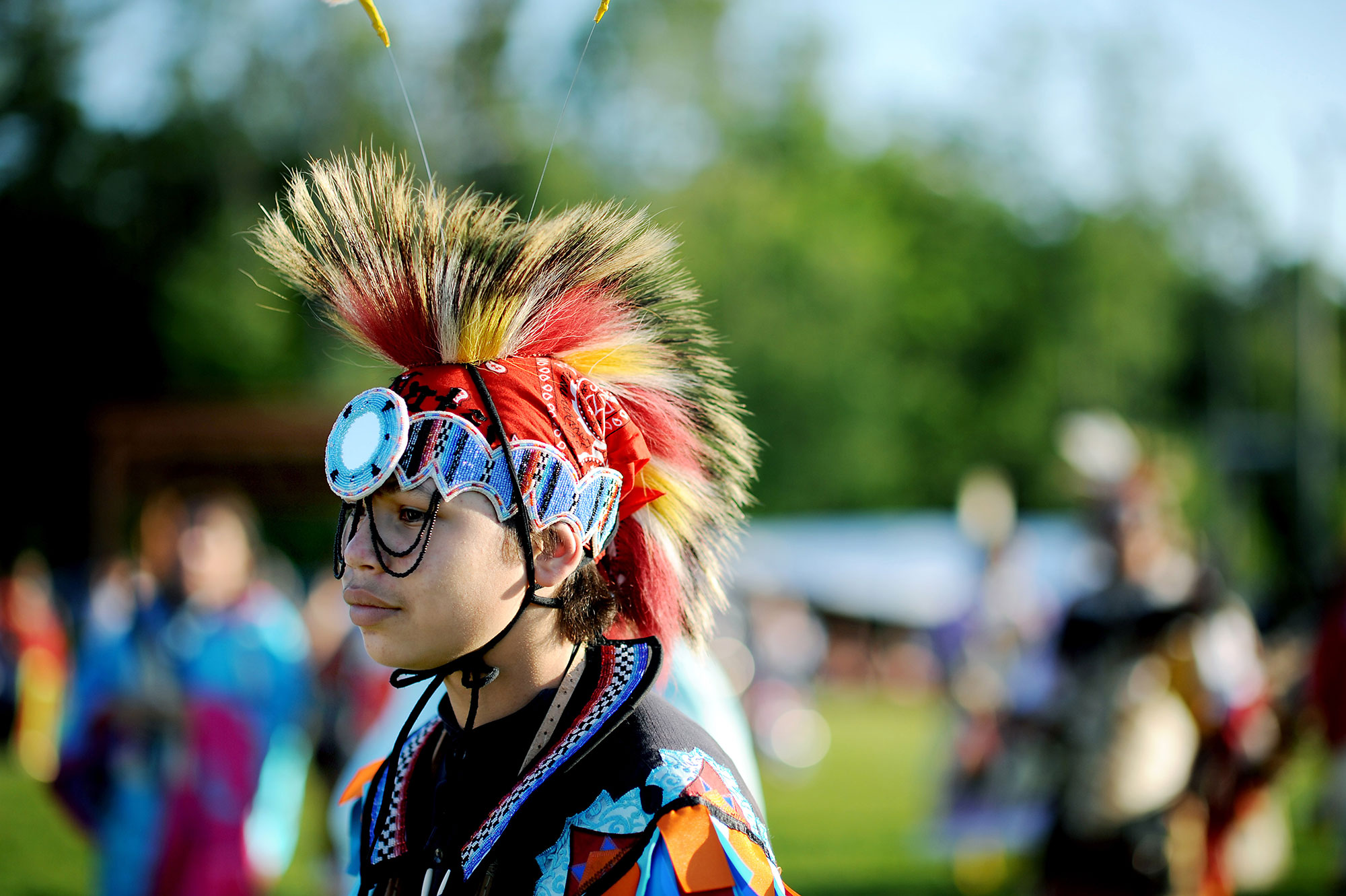 Chippewa member in traditional garments during a celebration near Sault Ste. Marie, Michigan