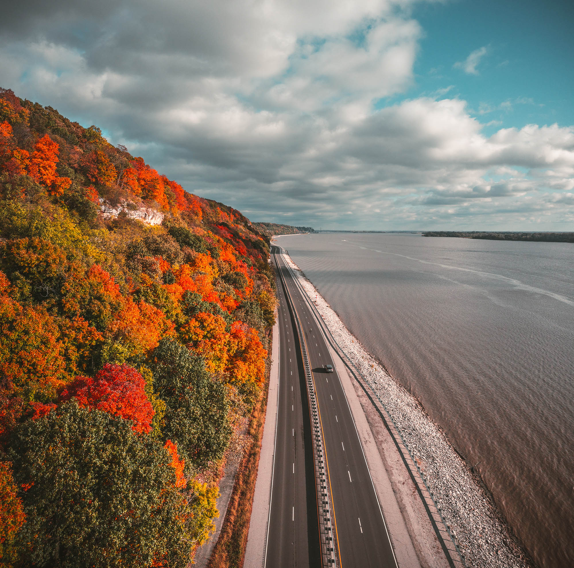 Autumn aerial view of the Meeting of the Great Rivers National Scenic Byway in Southwest Illinois