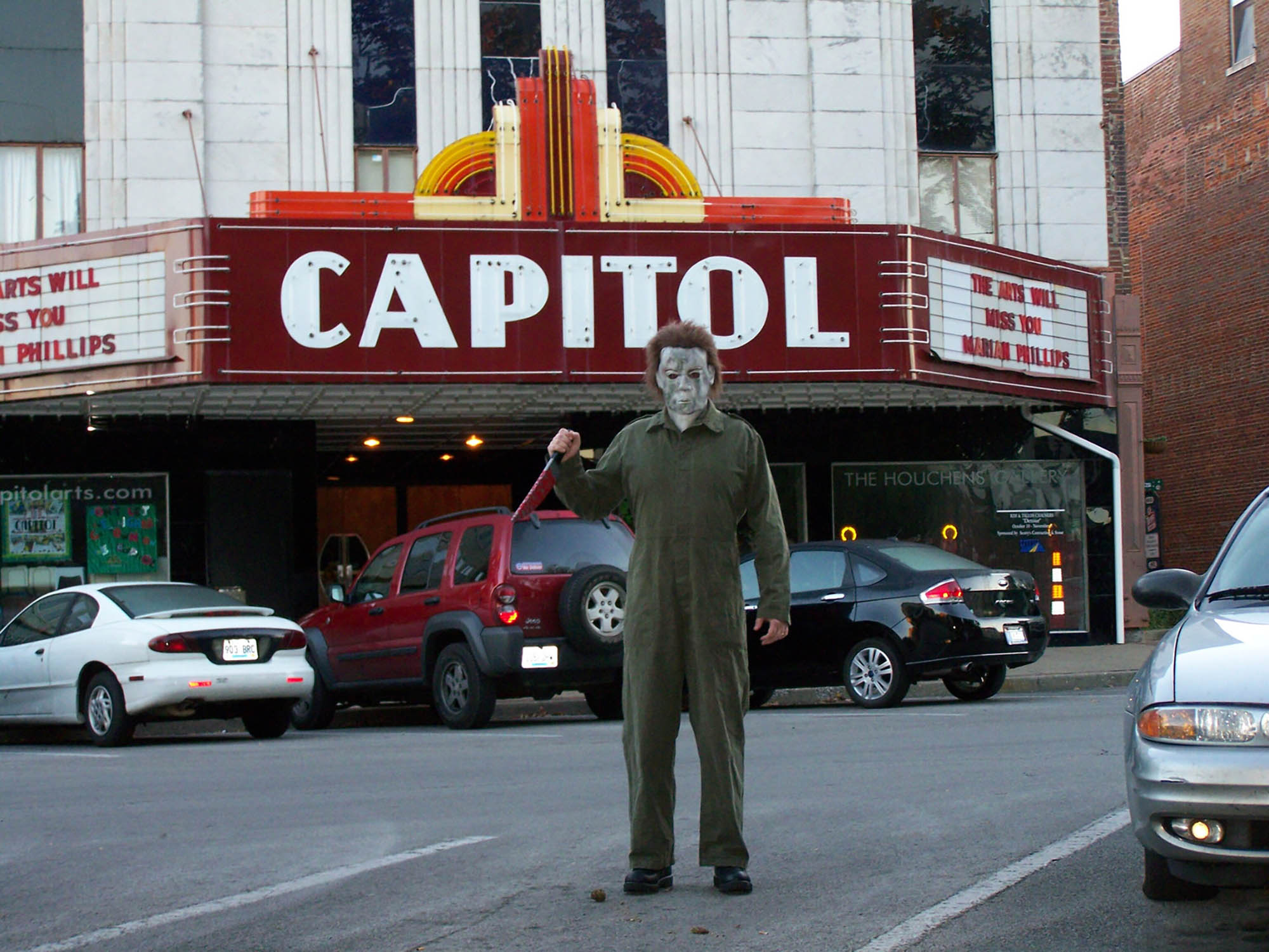 Someone dressed as Micheal Meyers outside the Capitol theater in Bowling Green, Kentucky