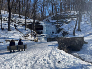 The frozen waterfall “Dripping Springs” in Creve Coeur Lake Memorial Park in Maryland Heights, Missouri