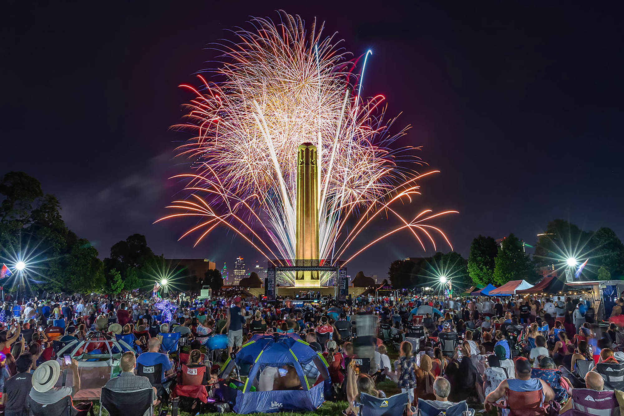 A crowd enjoys fireworks during the Stars and Stripes Picnic in Kansas City, Missouri