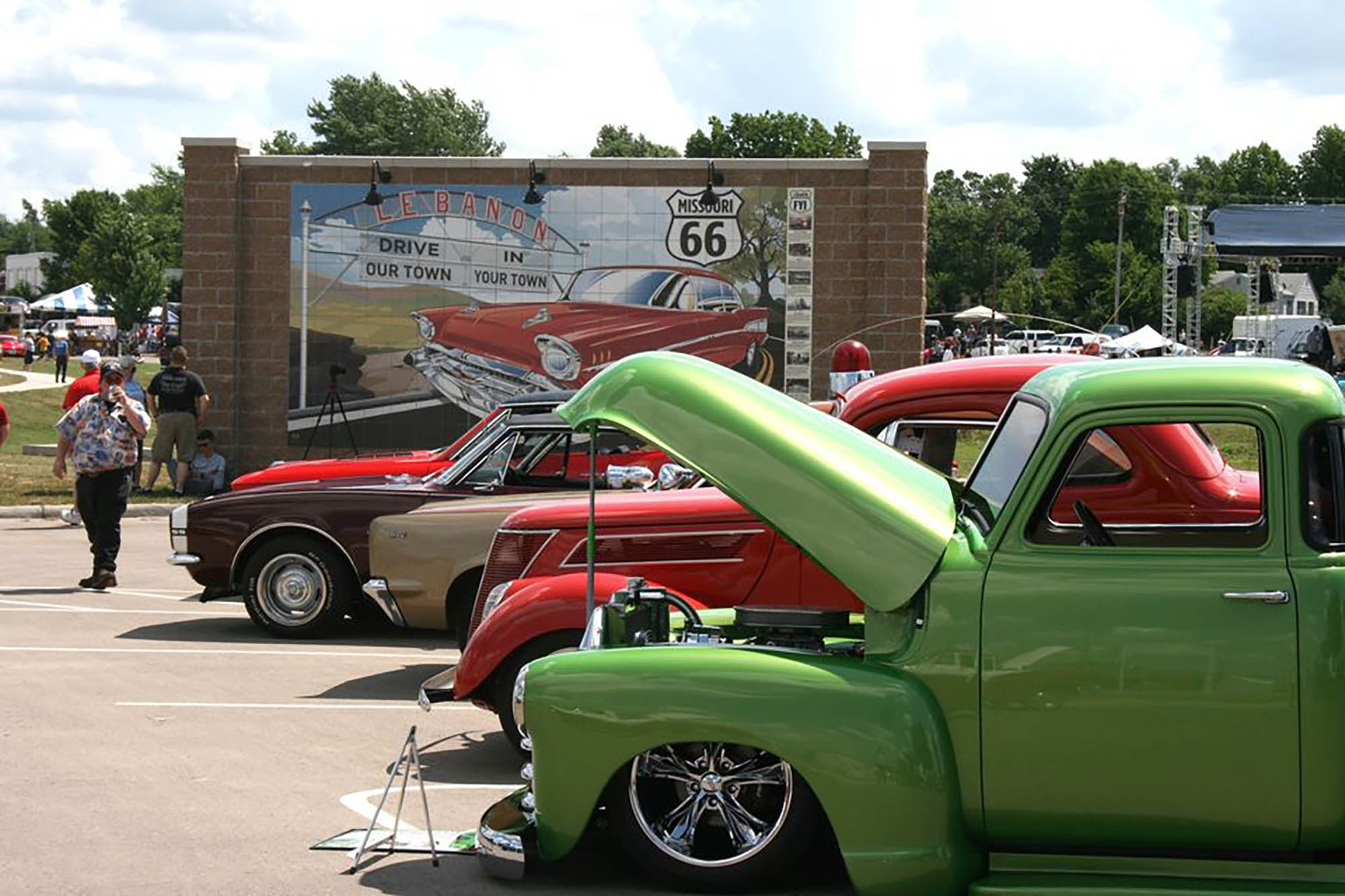 Classic cars on display during the Route 66 Festival in Lebanon, Missouri