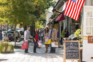 Visitors shopping along a tree-lined street in Haddonfield, South Jersey; Credit: Visit South Jersey