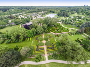 Aerial view of the Morton Arboretum maze and surrounding green space in DuPage, Illinois