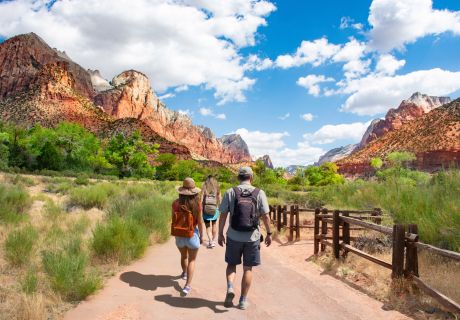 family hiking in zion national park in utah