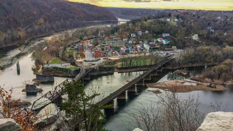 Aerial view of a north eastern town on a river