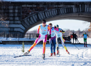 Skiers compete in an event at the City of Lakes Loppet Winter Festival in St. Louis Park, Minnesota