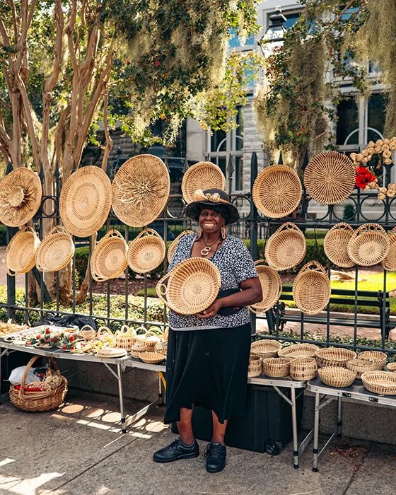 Selling handwoven Gullah baskets in Charleston, South Carolina