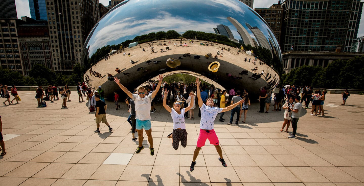 Posing in front of Cloud Gate in Millennium Park in Chicago, Illinois