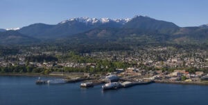 Aerial view of the Port Angeles waterfront in Port Angeles, Washington