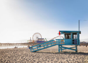 A lifeguard stand on the beach in Santa Monica, California
