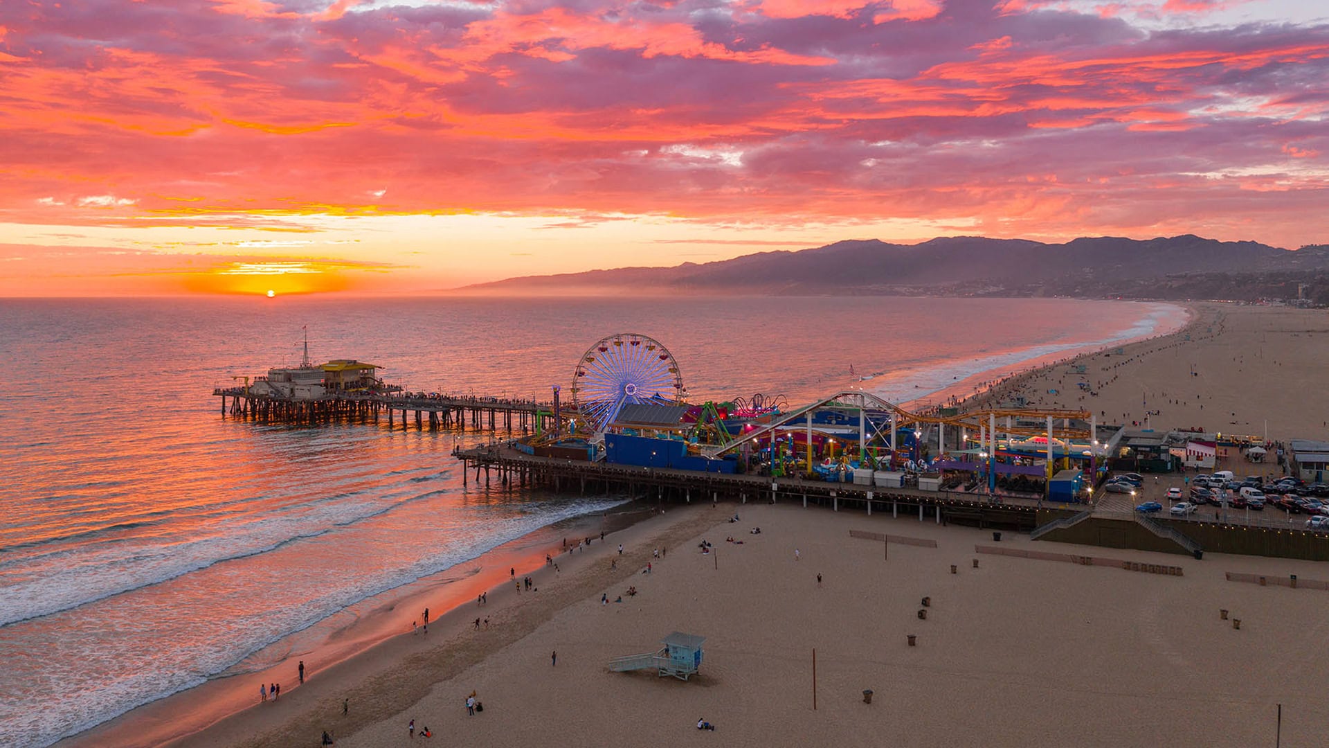 Sunset over the Santa Monica Pier in Santa Monica, California