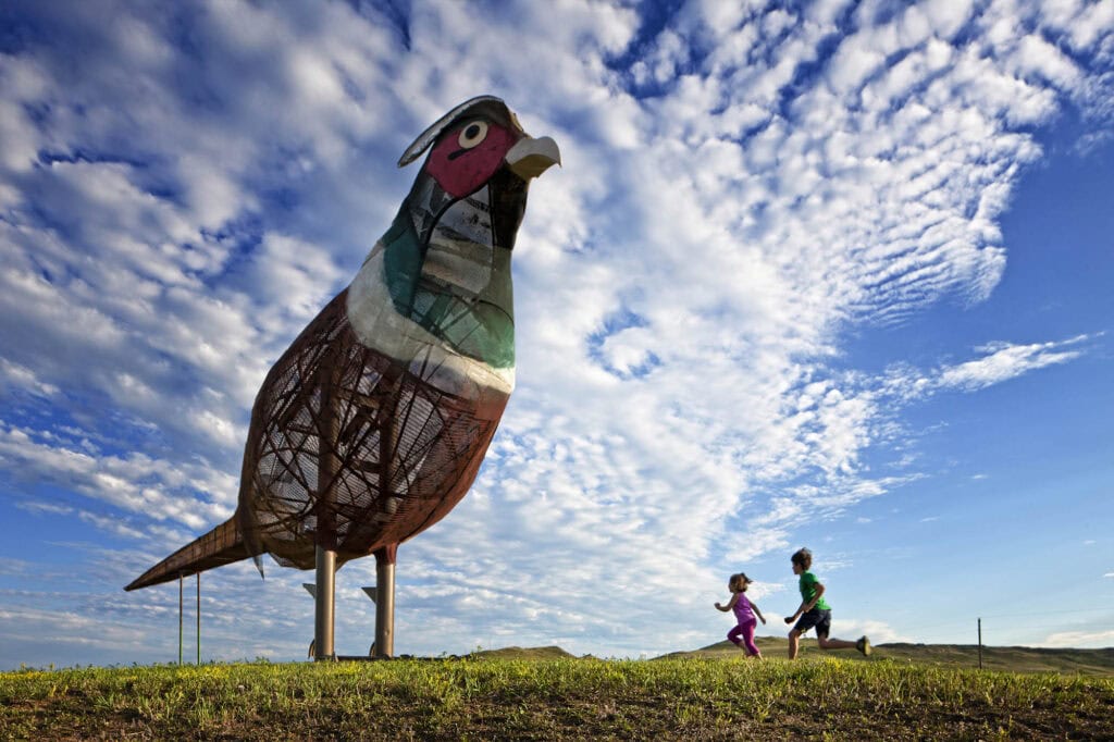 The sculpture Pheasants on the Prairie by Gary Greff along the Enchanted Highway near Regent, North Dakota