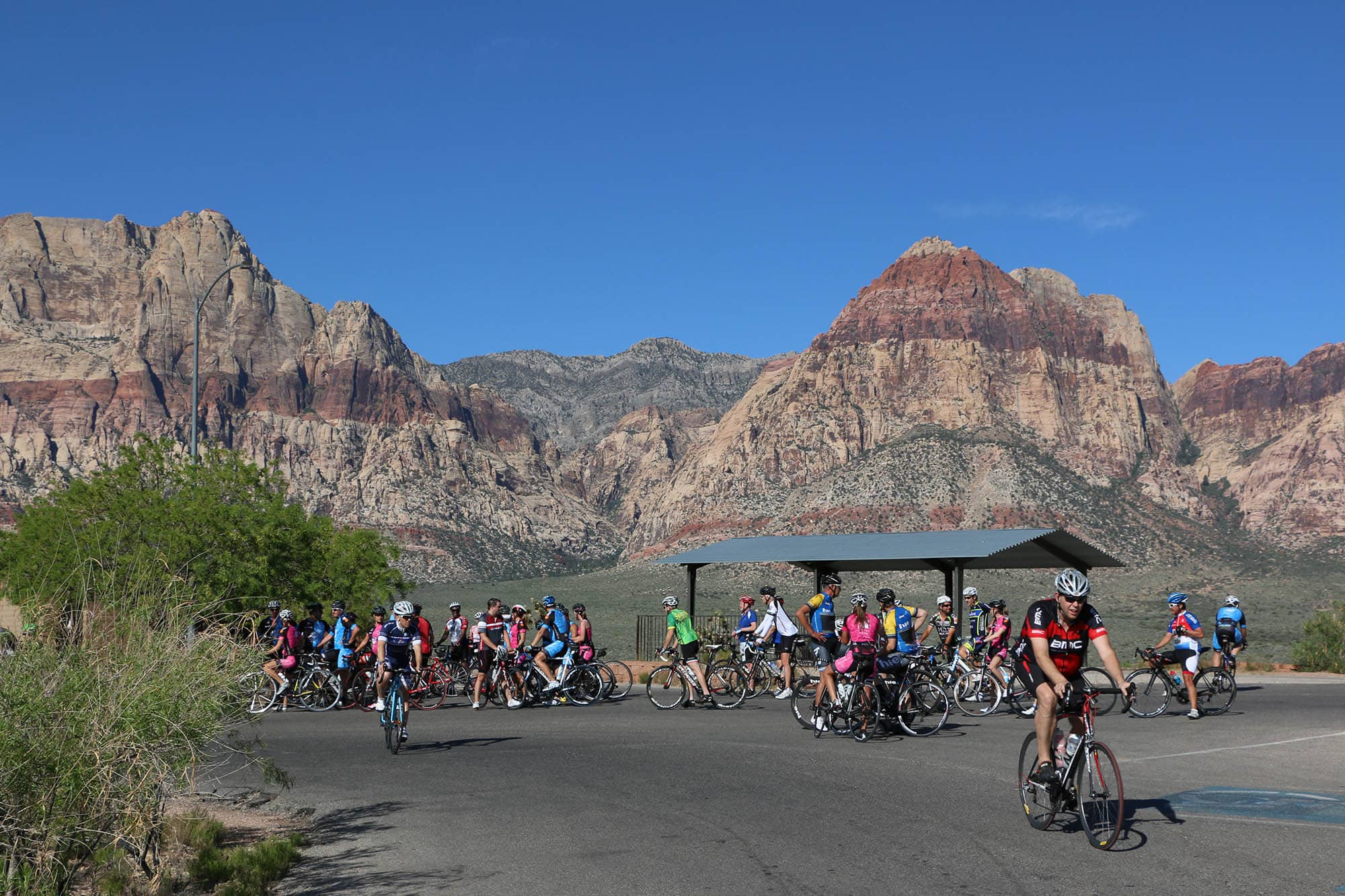 Cyclists at Red Rock Canyon National Conservation Area near Mountain Springs, Nevada