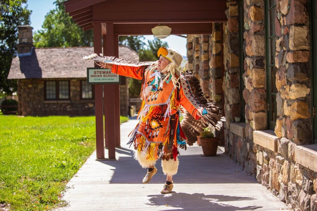 A dancer from the Duck Valley Shoshone Paiute Tribe at Stewart Indian School Cultural Center & Museum in Carson City, Nevada